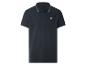 Donkerblauw herenpoloshirt met lichtblauwe gestreepte kraag en mouwboorden.