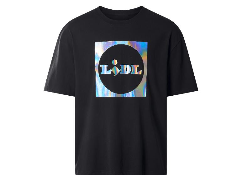 Zwart T-shirt met een holografisch Lidl-logo in het midden.