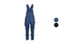 Blauwe denim overall met meerdere zakken, getoond met kleuropties.