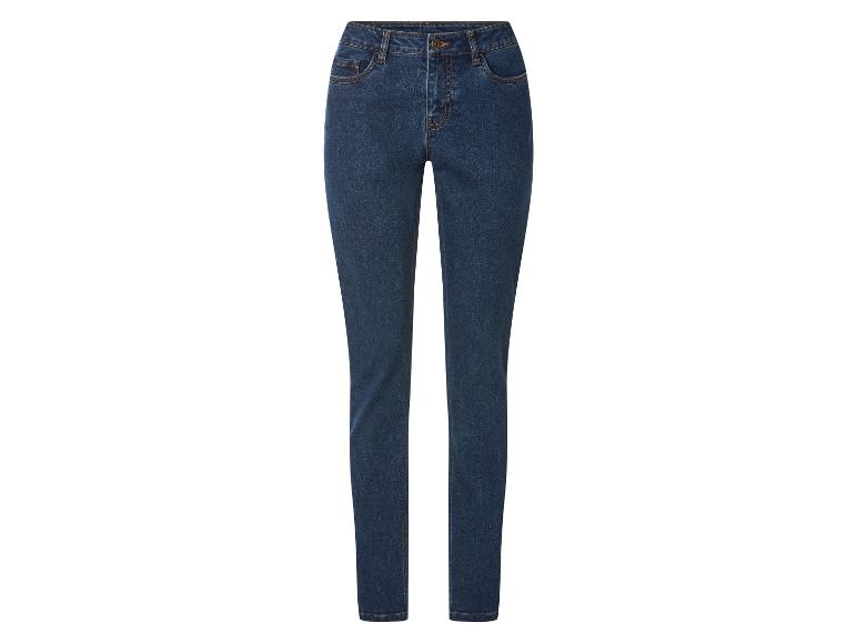 Donkerblauwe damesjeans met oranje stiksels.