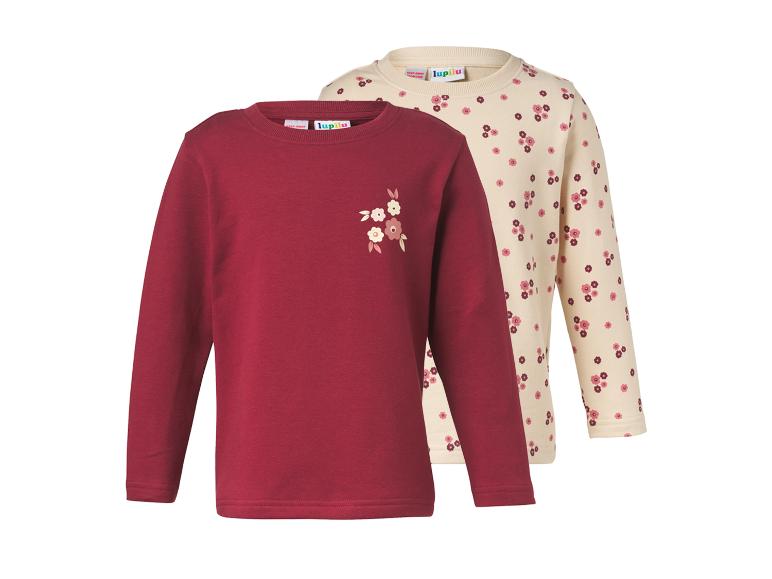 Set van 2 kinderlongsleeves: één bordeauxrood met bloemen en één crèmekleurig met bloemenprint.