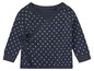 Een donkerblauw babypakje met witte stippen