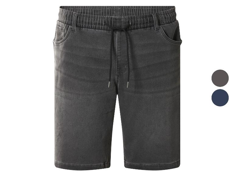 Heren denim shorts met elastische tailleband en trekkoord, verkrijgbaar in grijs en blauw.