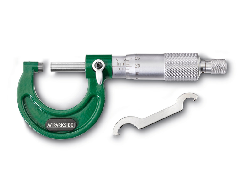 Een groene Parkside schuifmaat met een zilveren sleutel.