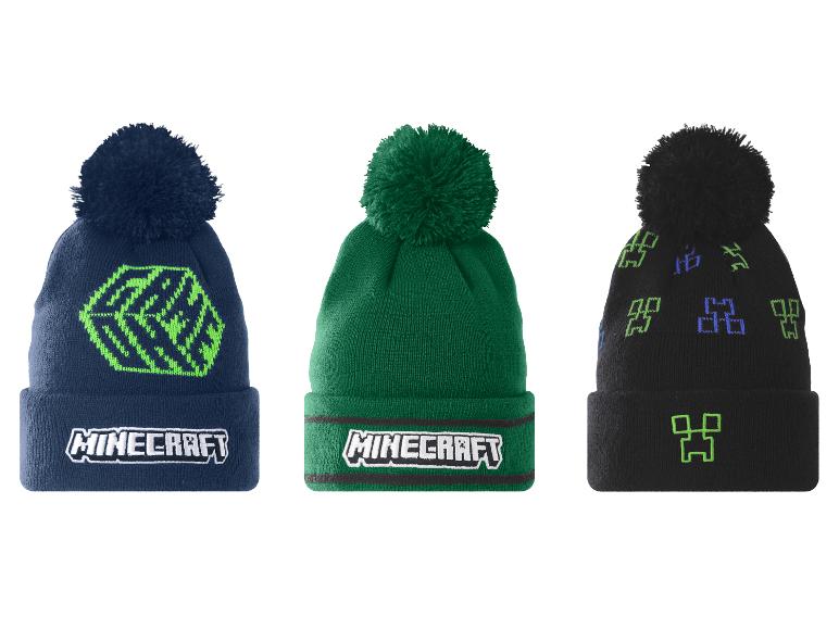 Minecraft gebreide mutsen voor kinderen in blauw, groen en zwart met pompon.