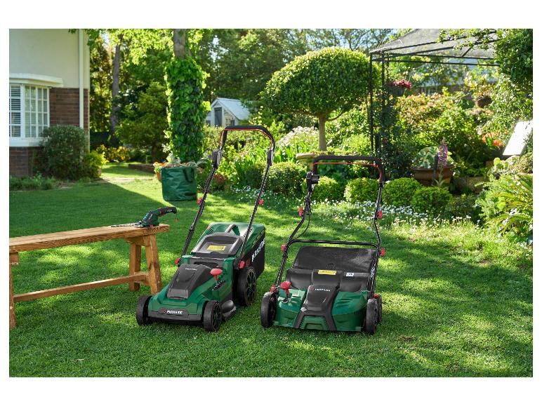 Twee Parkside grasmaaiers en een heggenschaar op een houten bank in een zonnige tuin.