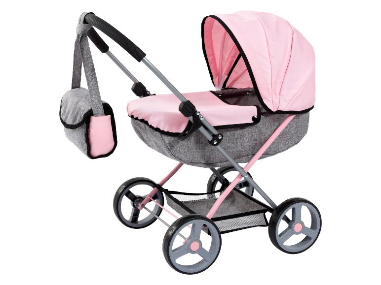 Roze en grijze poppenwagen met bijpassende tas.