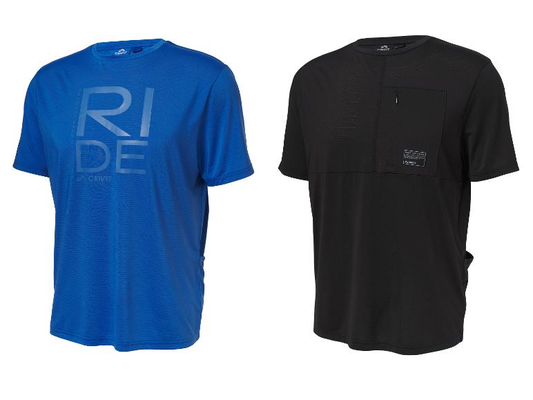 Twee heren fietsshirts, één blauw met 'RIDE' tekst, één zwart met een borstzak.