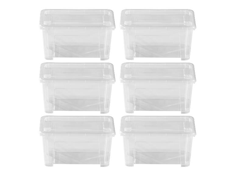 Zes transparante plastic opbergdozen met deksels, gerangschikt in twee kolommen.