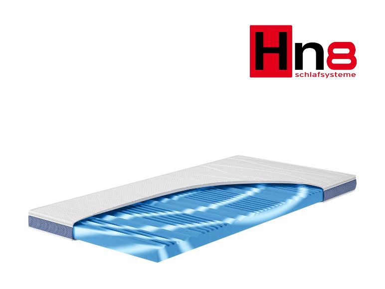 Hn8 Schlafsysteme matras met zichtbare blauwe schuimkern en witte hoes.