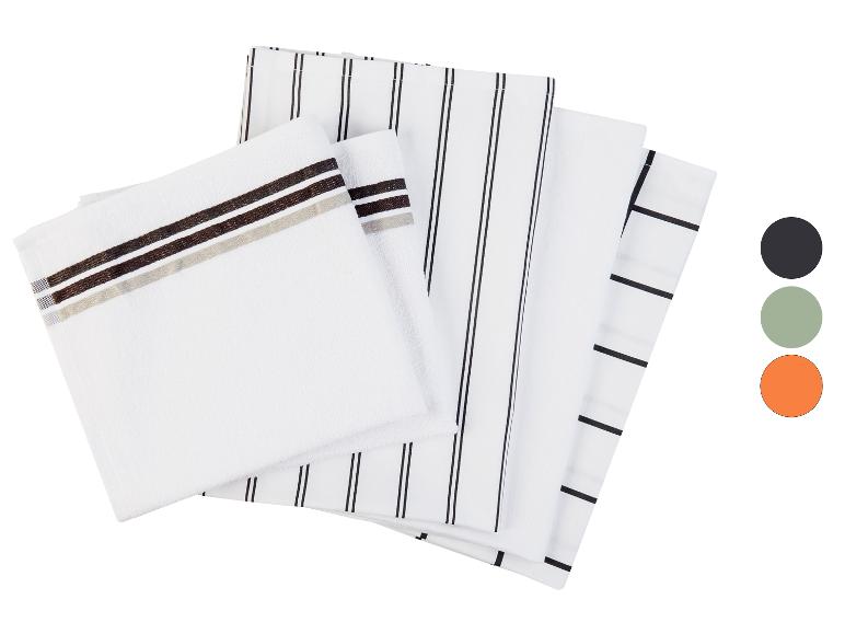 Keukenhanddoeken met zwarte strepen en een handdoek met bruine strepen.