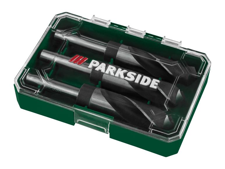 Drie Parkside boorbits in een groene opbergdoos.