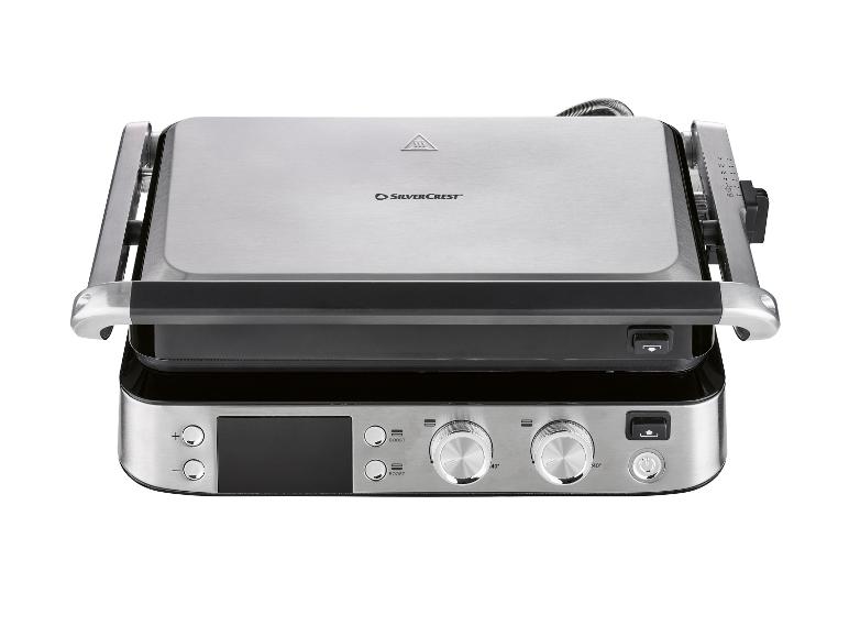 Zilverkleurige elektrische grill met digitaal display en bedieningsknoppen.