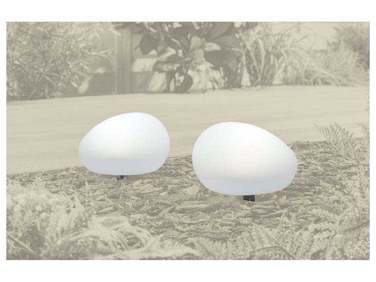 Twee witte eivormige tuinlampen op boomschors met planten op de achtergrond.