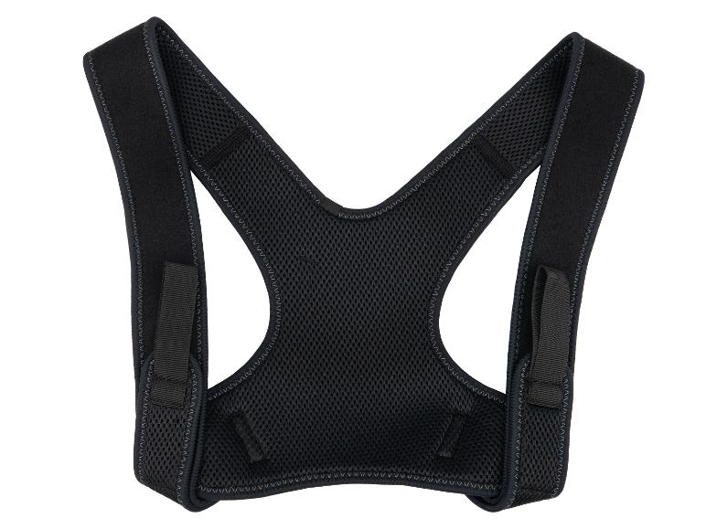 Zwarte houdingscorrector met een mesh rugpaneel en verstelbare banden.