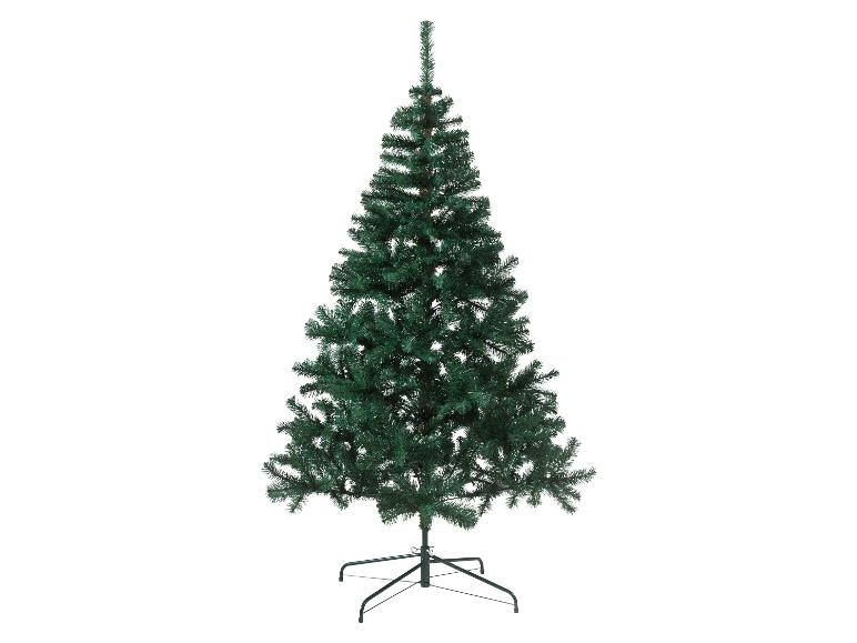 Een groene kunstkerstboom met een metalen voet.