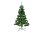 Groene kunstkerstboom met metalen standaard, op een zwarte achtergrond.
