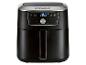 Zwarte airfryer met digitaal display dat 180 graden Celsius en diverse kookfuncties toont.
