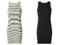 Aansluitende mouwloze jurken: één gestreept, de andere zwart.
