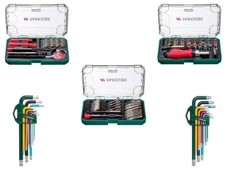 Parkside schroevendraaier- en inbussleutelsets: schroevendraaiers, bits en inbussleutels.