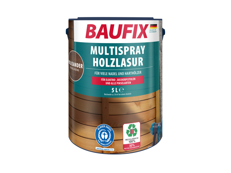 Een blik Baufix Multispray Houtbeits voor binnen en buiten, geschikt voor diverse houtsoorten.
