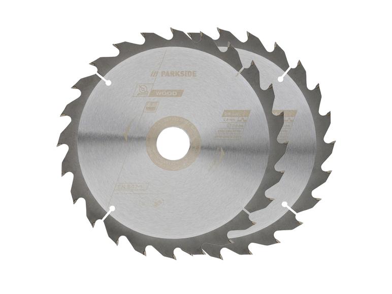 Twee cirkelzaagbladen voor hout, met de tekst 'WOOD' en technische specificaties.