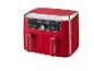 Rode heteluchtfriteuse met dubbele mand en digitaal display met 180°C en diverse kookstanden.