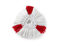 Een witte microvezel mop met rode accenten.