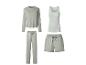 Lichtgroene damespyjamaset met top met lange mouwen, lange broek, tanktop en korte broek.