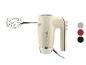 Crèmekleurige handmixer met gardes en drie kleuropties: grijs, rood en zwart.