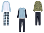 Drie kinderpyjamasets: geruit, effen en met skateboardprint.