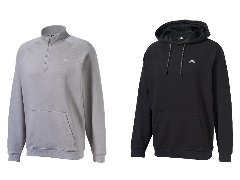 Twee sportieve sweatshirts, één grijs met korte rits en één zwart met capuchon.