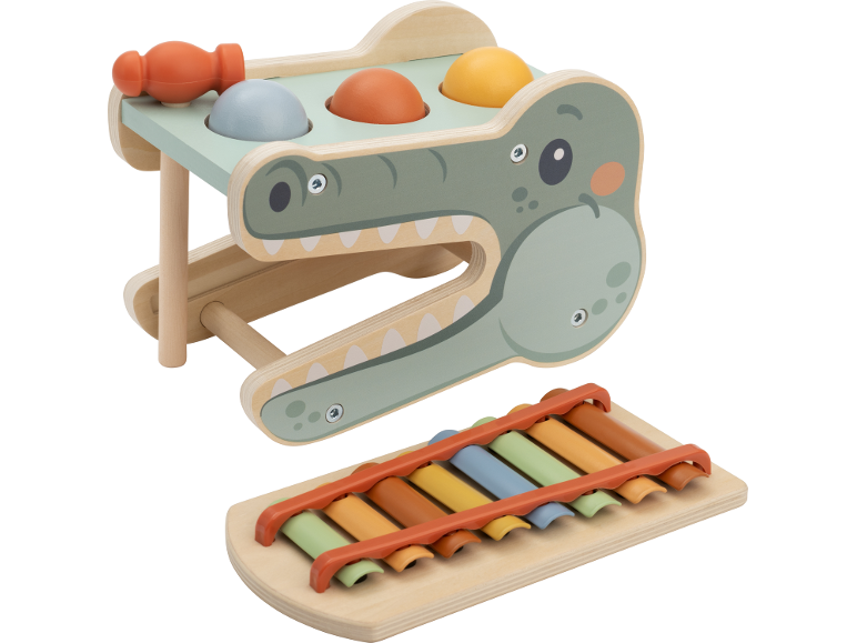 Houten krokodil hamertje-tik speelgoed met xylofoon in pastelkleuren.