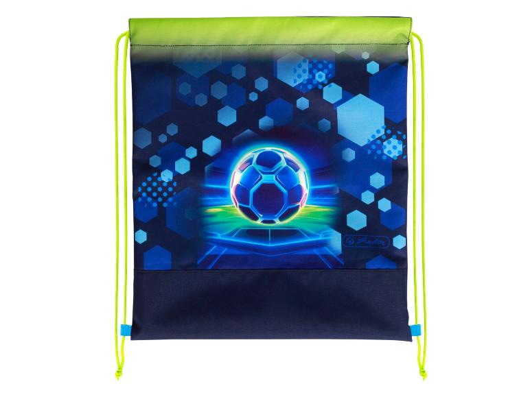 Groen-blauwe gymtas met voetbalthema en geometrische patronen.