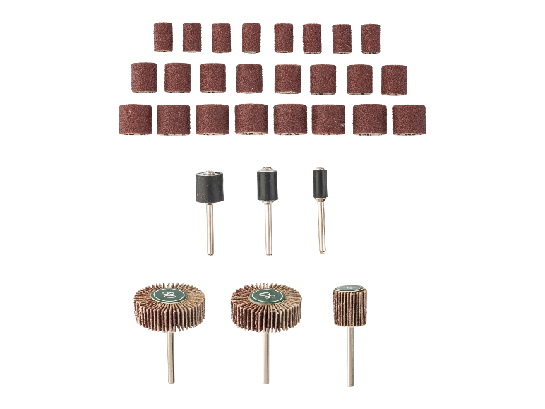 Assortiment schuurrollen en -wielen voor roterende gereedschappen.