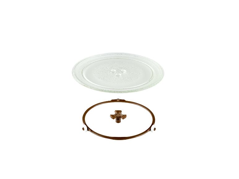 Onderdelen draaiplateau magnetron: glazen plateau en ring.