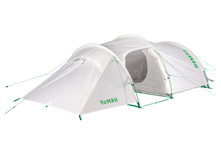 Een witte Tambu-tent met een binnentent.