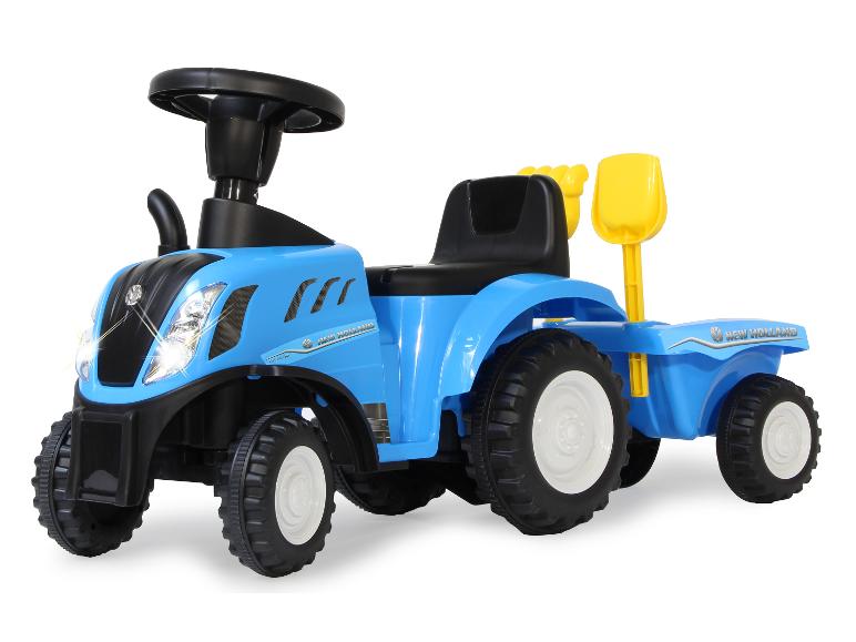 Blauwe New Holland speelgoedtractor met gele schop.