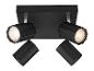 Zwarte vierkante plafondlamp met vier verstelbare lampen.