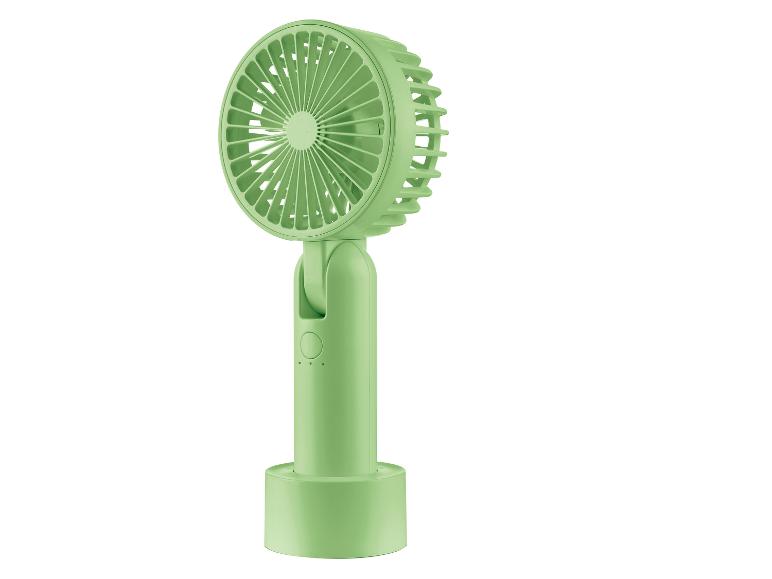 Lichtgroene, oplaadbare en draagbare tafelventilator.