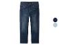 Donkerblauwe kinderjeans met bruine stiksels.