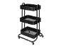 Zwarte drielaagse metalen trolley met gaasplanken en wielen.