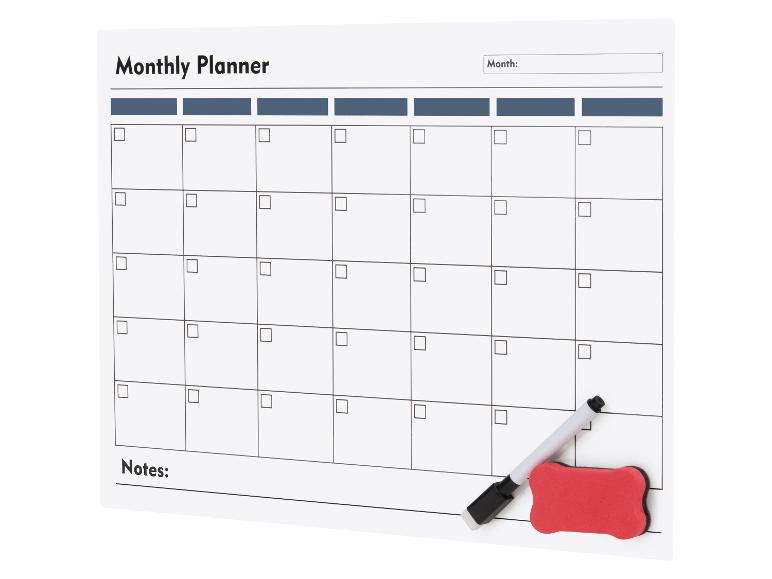 Maandplanner, whiteboard marker en wisser.