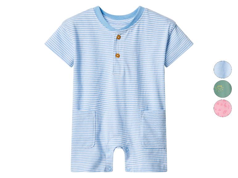 Babyromper met blauw-witte strepen, korte mouwen en twee knopen
