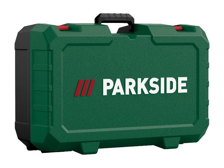Groene gereedschapskist met een zwart handvat en rode accenten.