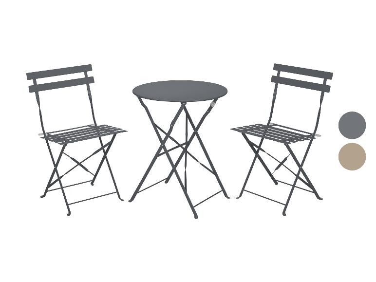 Grijze opvouwbare bistroset met een ronde tafel en twee stoelen.