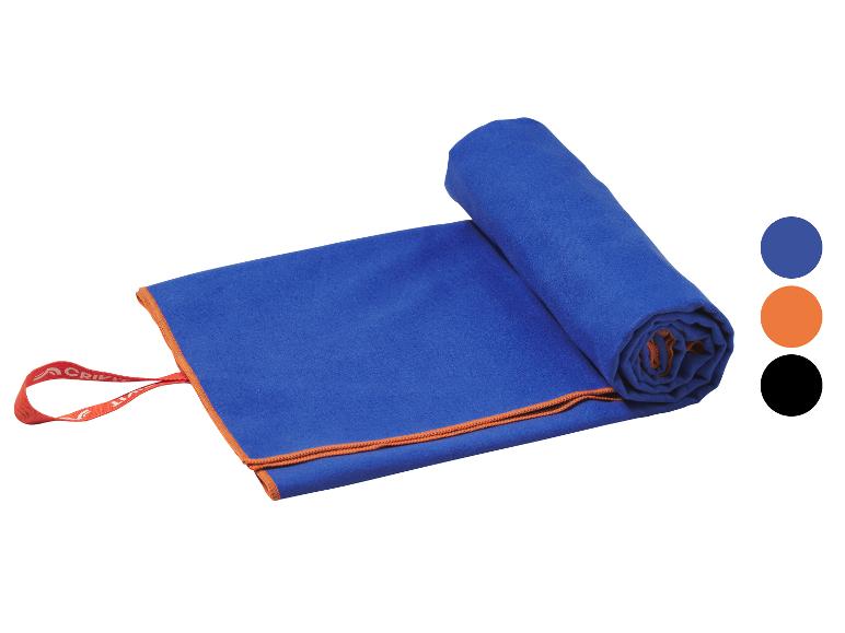 Blauwe microvezelhanddoek met oranje rand, deels opgerold, met kleurstalen