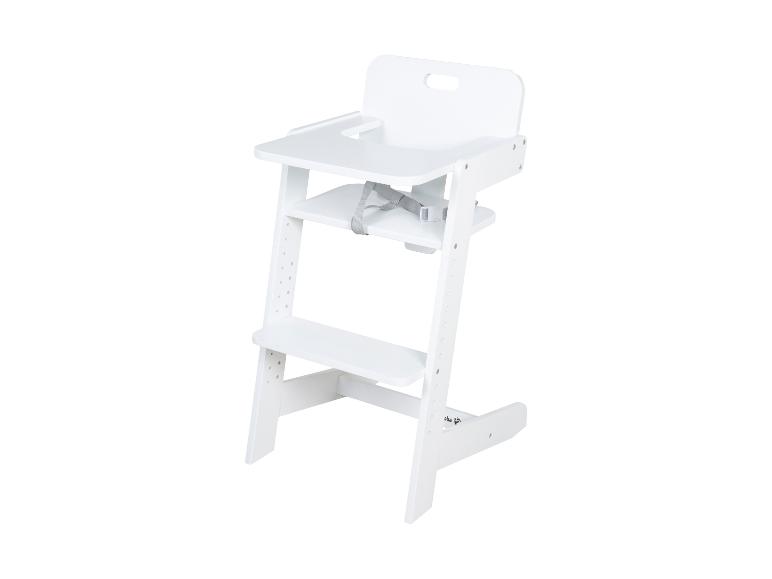 Witte verstelbare houten kinderstoel met dienblad en veiligheidsharnas