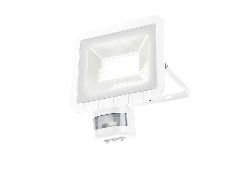 Een witte LED-schijnwerper met bewegingssensor.