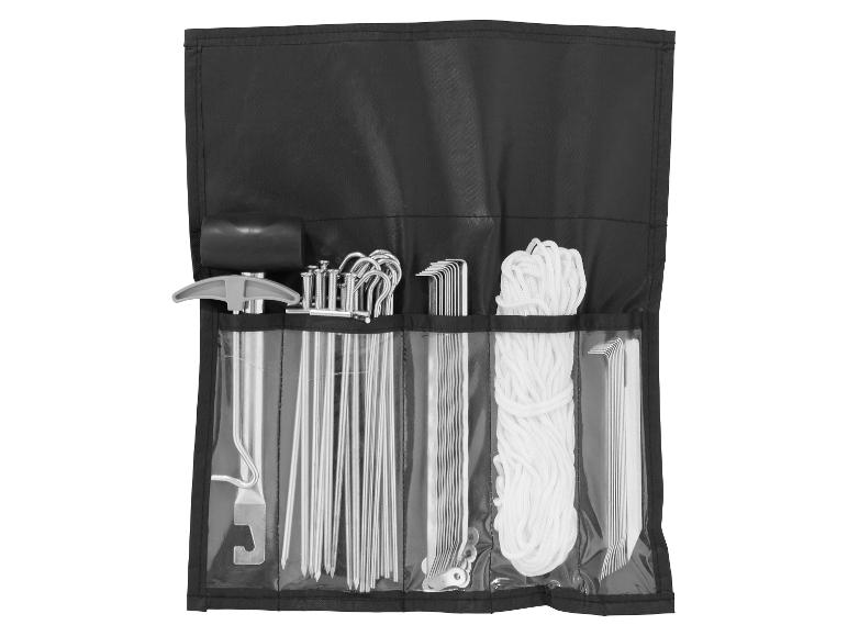 Set haringen, touw en hamer voor tent.